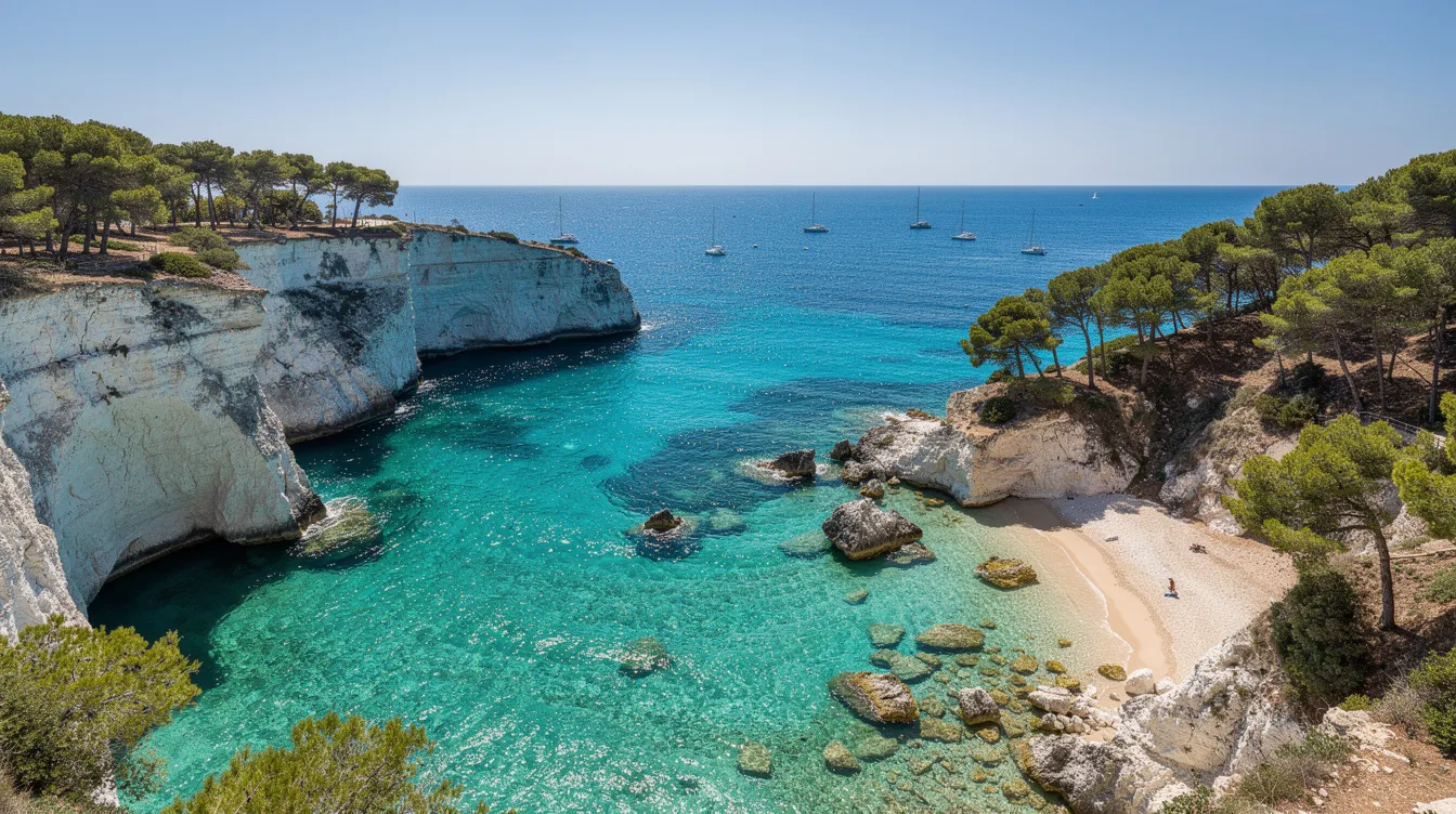 Cala mediterránea con aguas turquesas rodeada de acantilados blancos y pinos en el sur de Francia