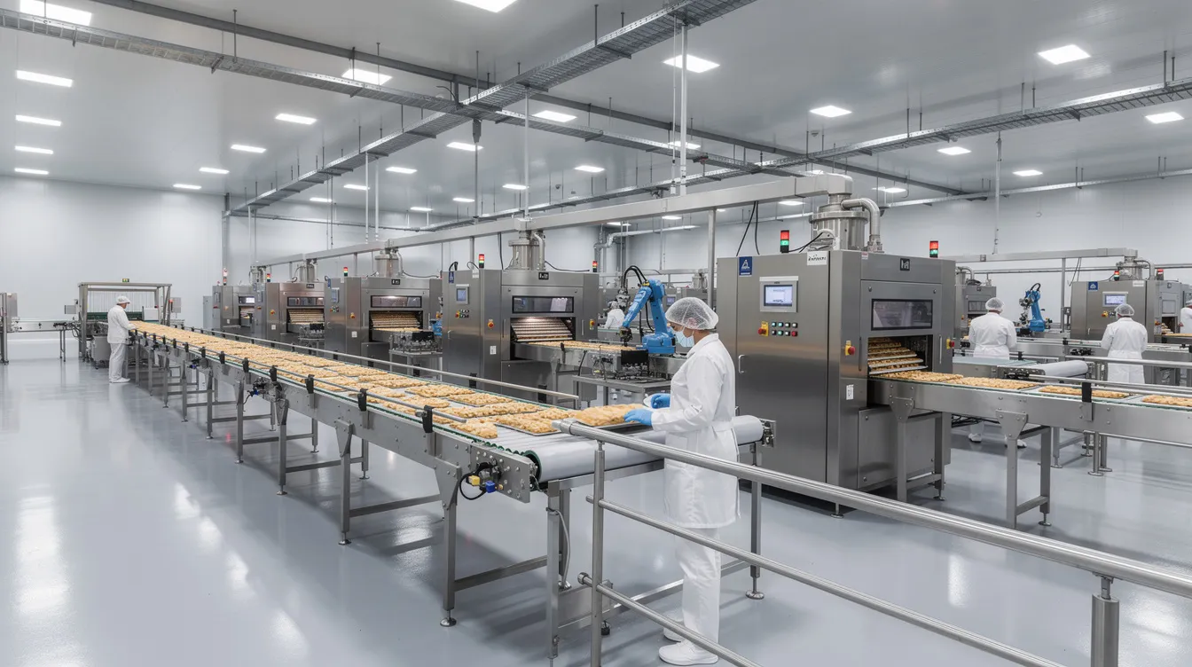 The image depicts a clean factory hall equipped with industrial food processing machinery, including conveyors and classification systems, designed for the manufacturing process of pea protein concentrate. This setup highlights the focus on plant-based proteins and the production of high-quality protein ingredients, essential for functional foods and sports nutrition.