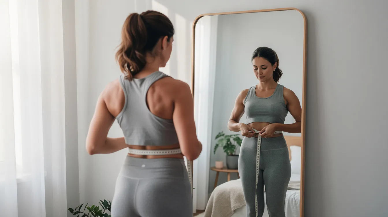 A woman stands in front of a mirror, using a soft measuring tape to take her body measurements, focusing on her bust, waist, and hips to determine her correct dress size. She appears engaged in the process, ensuring a perfect fit for her clothing.