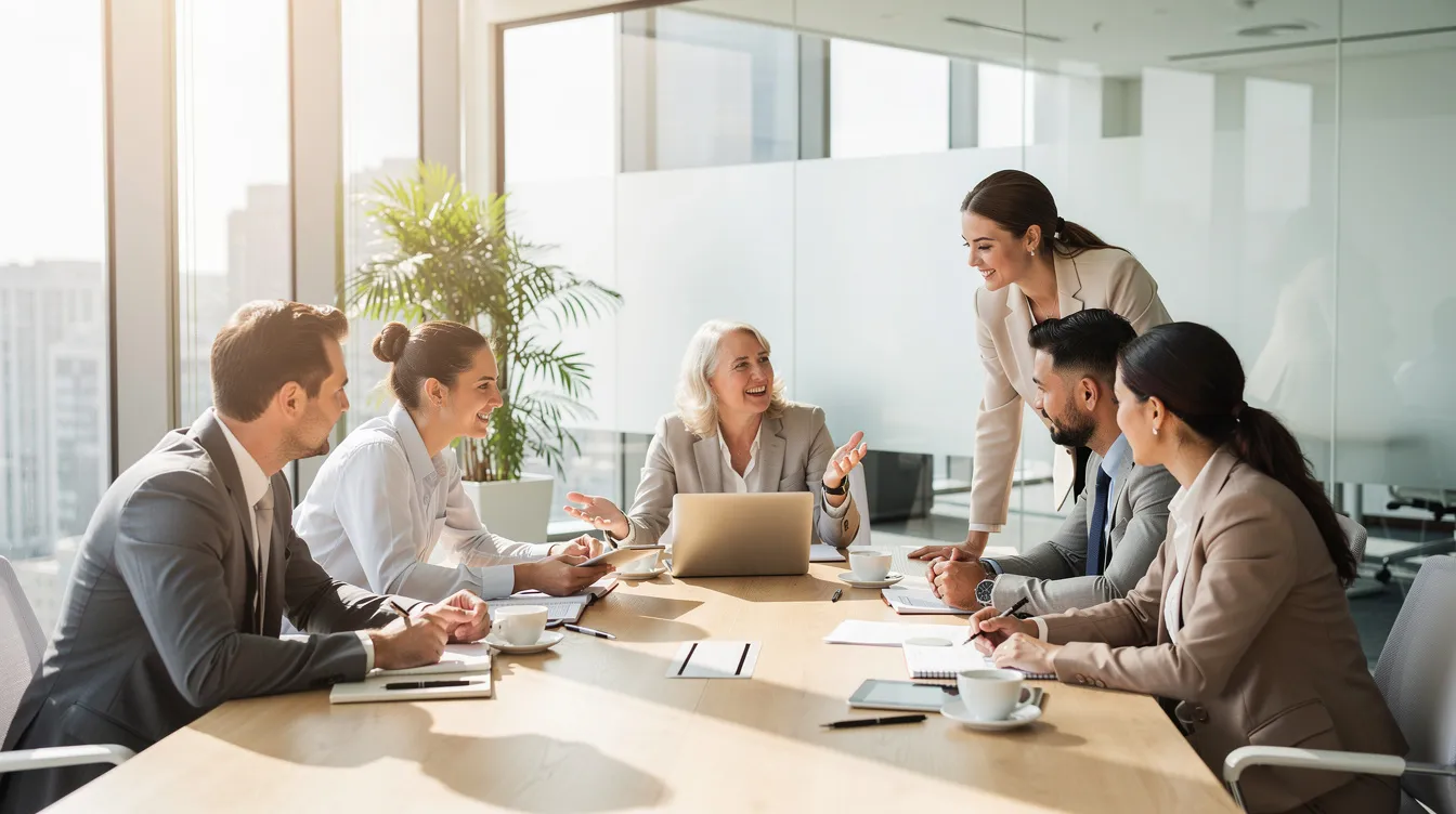 Une équipe de professionnels est réunie autour d'une table dans une salle lumineuse, engagée dans une discussion collaborative. L'écoute active et la communication sont au cœur de leurs échanges, favorisant un climat de confiance et d'empathie pour mieux comprendre les besoins de leurs clients.