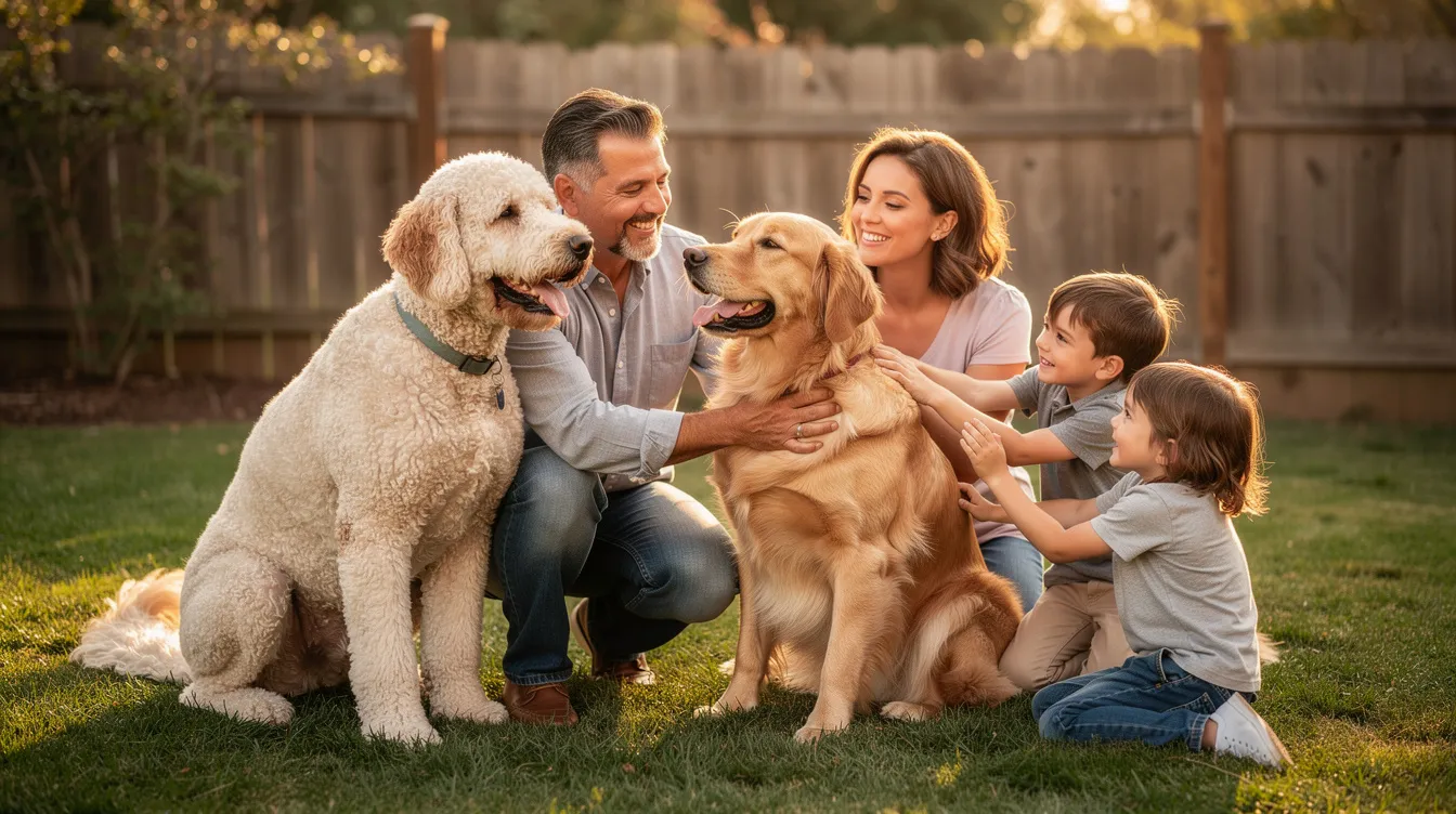 The image depicts a friendly Goldendoodle and a Golden Retriever sitting side by side in a sunny park, showcasing their affectionate nature and playful demeanor. Both breeds are known for being wonderful family pets, with the Goldendoodle's low shedding coat contrasting with the Golden Retriever's fluffy double coat.