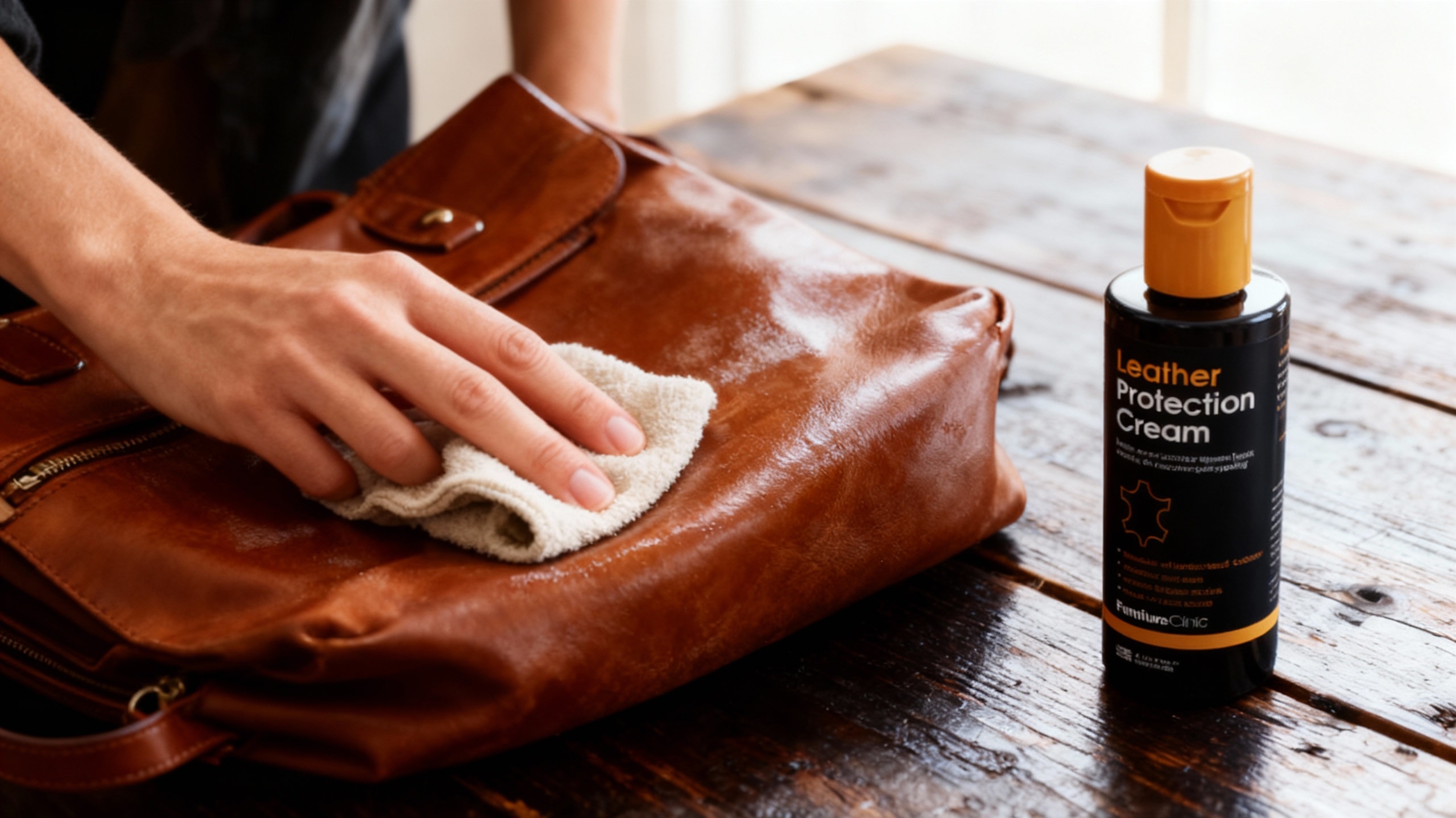 Lädervård av läderväska - Hand smörjer en läderväska med läderbalsam