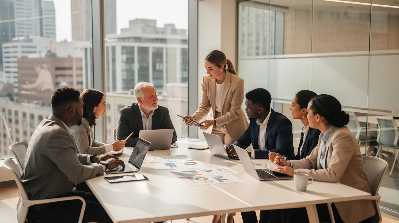 A diverse group of business professionals collaborates in a modern office space, discussing strategies for an effective digital marketing plan. They are engaged in conversation about marketing objectives and how to leverage digital channels to achieve business goals and enhance customer engagement.