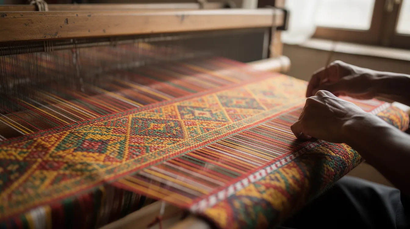 f4b84638 e6b8 4cb2 aa53 efef0575b8bd The image features a close-up of a traditional Mizo handloom weaving process, showcasing vibrant, colorful threads being skillfully manipulated by a local artisan. This scene highlights the rich local culture of Mizoram and the craftsmanship that contributes to both domestic and international markets, emphasizing the importance of supporting local producers and artisans.