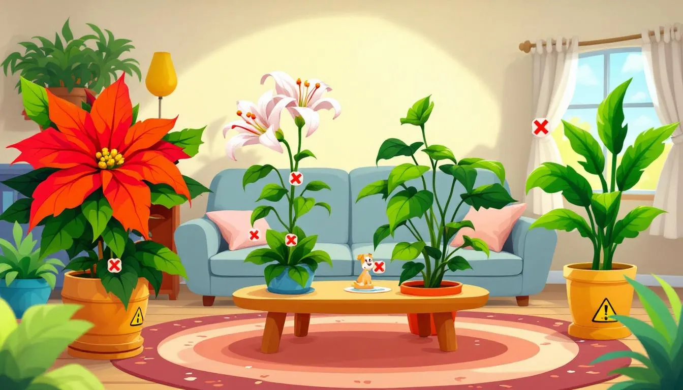 Various hazardous household plants that can be toxic to pets.