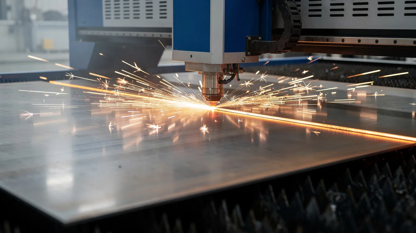 An industrial CNC fiber laser cutting machine is shown in action, with bright sparks flying off a steel sheet as it undergoes precision profiling. This subtractive manufacturing process highlights the capabilities of laser cutting in sheet metal fabrication, showcasing the machine's efficiency in shaping metal sheets into custom parts.