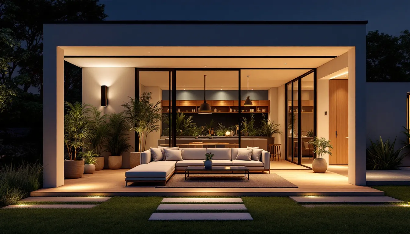 A cozy outdoor space with lighting features for nighttime ambiance.