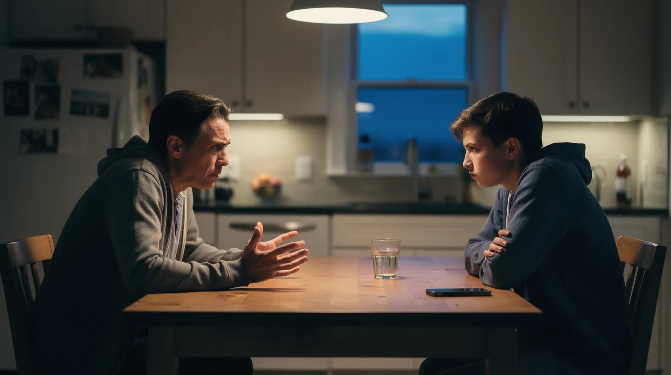 The image depicts a parent and teenager engaged in a tense discussion at a kitchen table, with both displaying frustrated body language that suggests a conflict, potentially linked to oppositional defiant disorder symptoms. The scene captures the essence of defiant behavior and the challenges faced by families dealing with behavior disorders and mental health conditions.