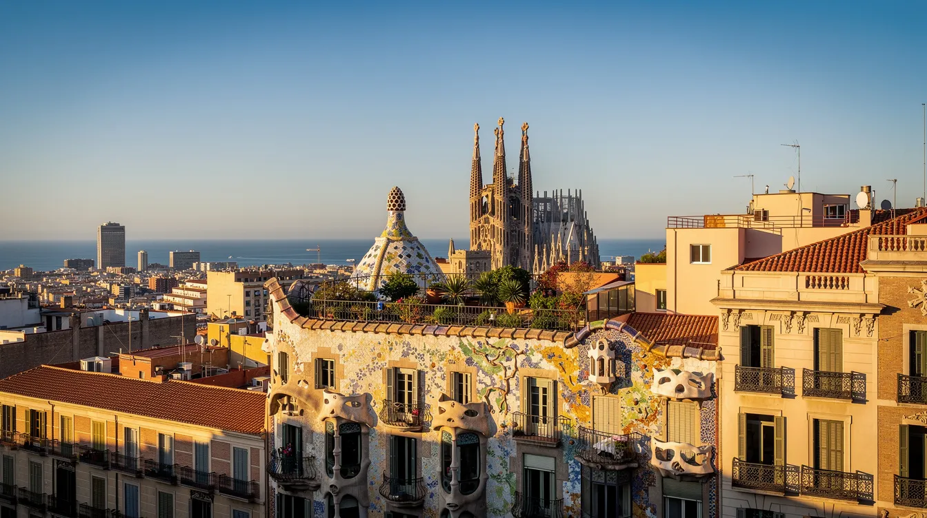 Imagen panorámica de Barcelona que muestra la emblemática arquitectura modernista de la ciudad bajo un cielo despejado. Este paisaje resalta la belleza de la ciudad, ideal para estudiantes que buscan realizar estudios superiores en España.