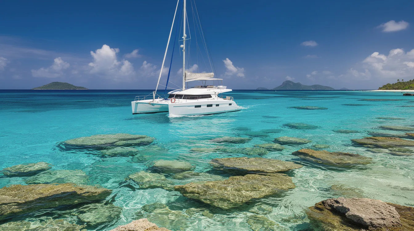 Um catamarã navega em águas cristalinas do Caribe, com tons de azul turquesa, enquanto recifes de corais são visíveis sob a superfície. Essa cena captura a beleza das ilhas ABC, como Curaçao, um destino ideal para férias entre amigos e famílias.
