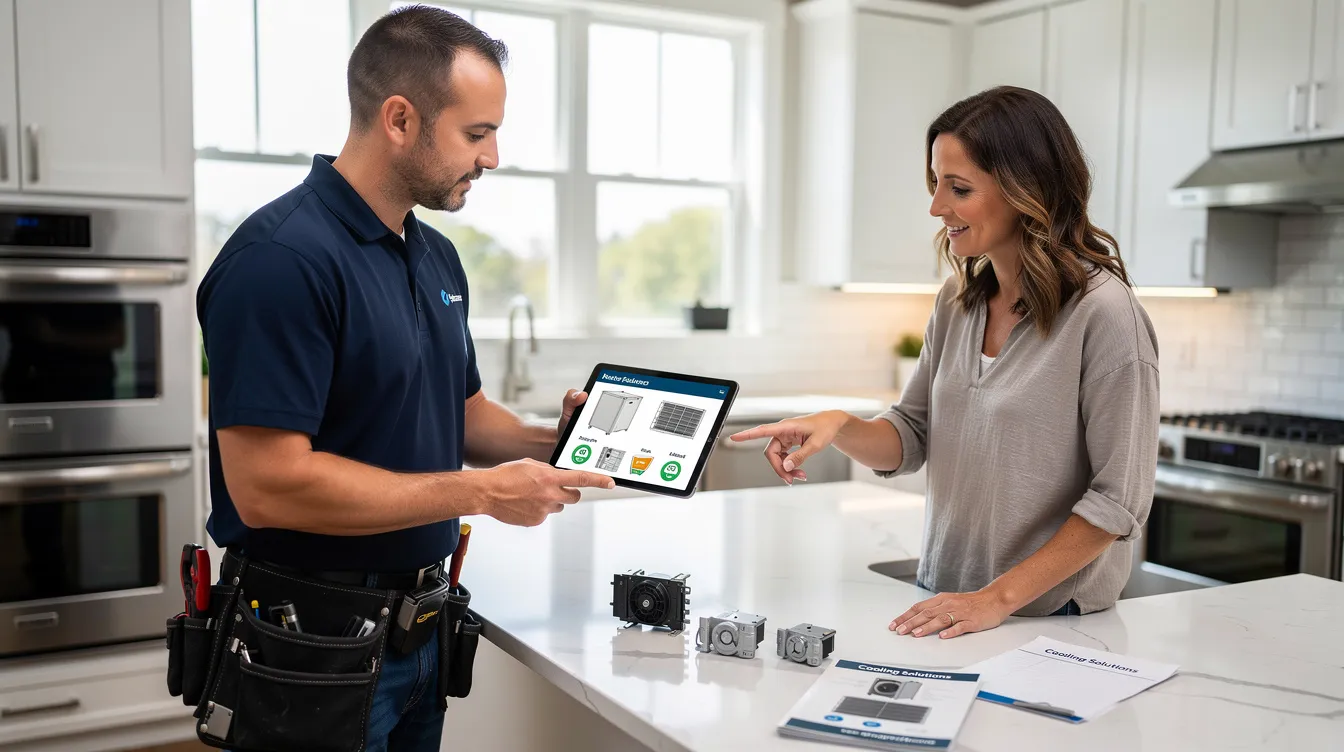A professional air conditioning technician is discussing various equipment options with a homeowner in a modern kitchen, highlighting the benefits of inverter air conditioning units, such as energy efficiency, consistent cooling, and lower energy bills compared to non-inverter air conditioners. The technician explains how inverter technology allows for adjusting compressor speed for efficient cooling and maintaining the desired temperature with quieter operation.