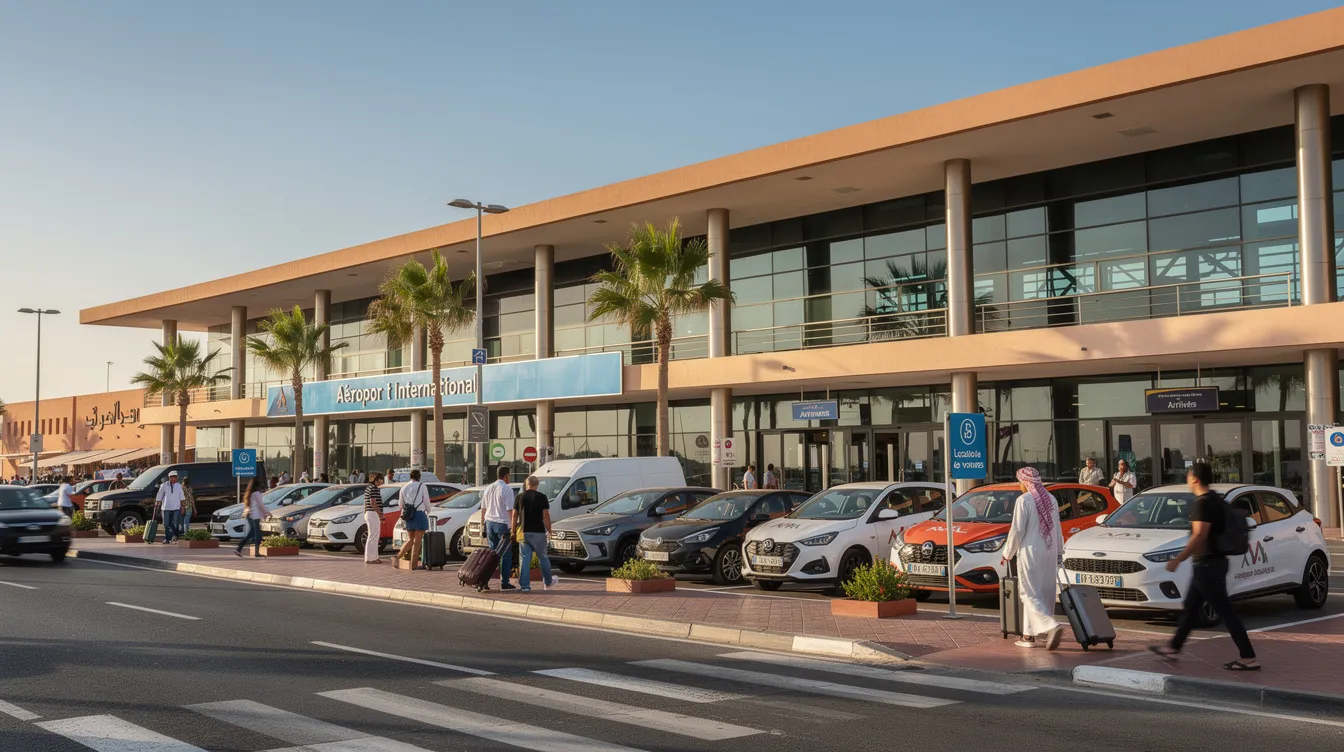 L'image montre un aéroport marocain animé, rempli de voyageurs se dirigeant vers le terminal, avec des voitures de location garées à l'avant. Cette scène illustre l'activité dynamique de l'agence de location de voitures, essentielle pour la rentabilité et le chiffre d'affaires dans le secteur du tourisme au Maroc.