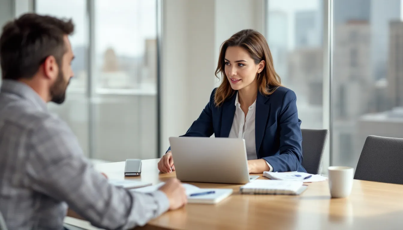 A professional bookkeeper is seated at a conference table, explaining financial statements to a small business owner, highlighting aspects such as cash flow management and the importance of maintaining accurate financial records for business's financial health. The discussion involves various accounting methods and the use of bookkeeping software to track personal and business expenses effectively.