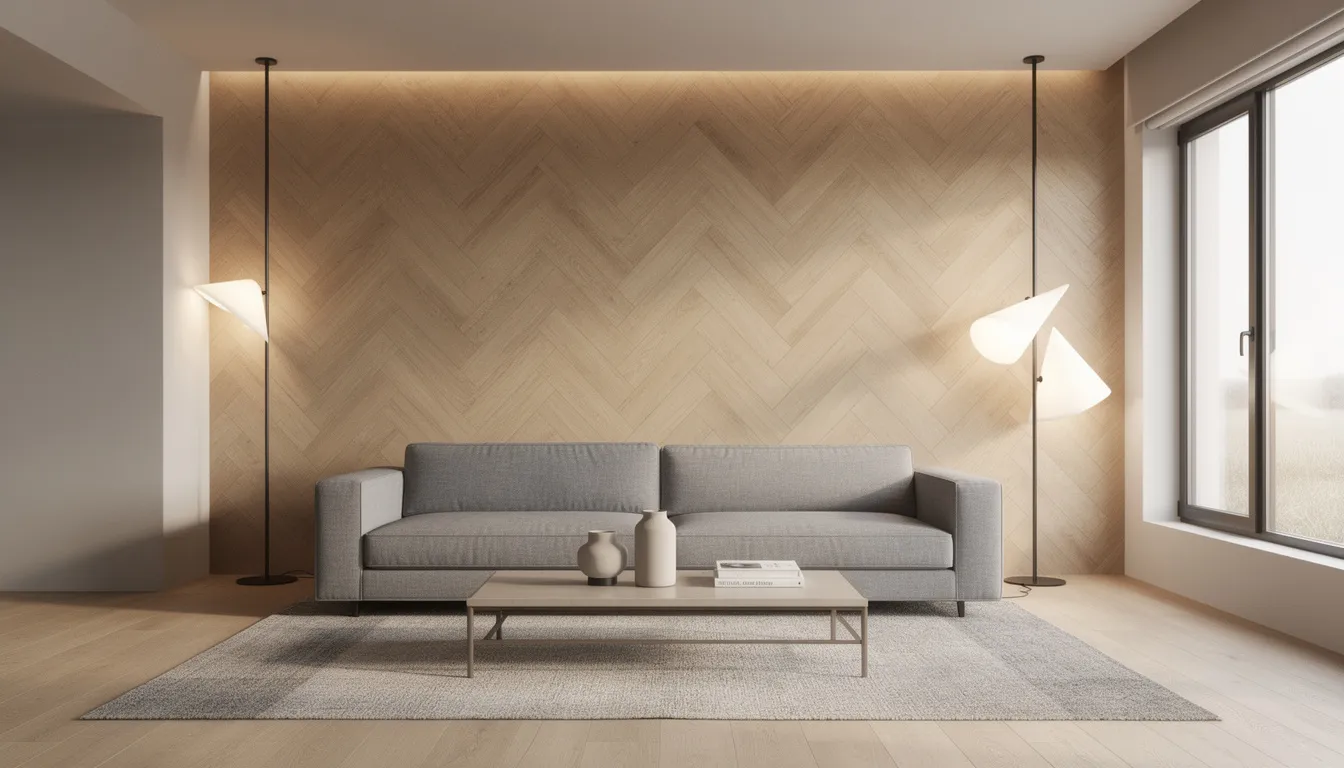 Een moderne woonkamer met een lichtbruine visgraat accentwand die zich achter een stijlvolle grijze bank bevindt, verlicht door designverlichting. De wandpanelen geven de ruimte een luxe uitstraling en dragen bij aan de natuurlijke esthetiek van het interieur.