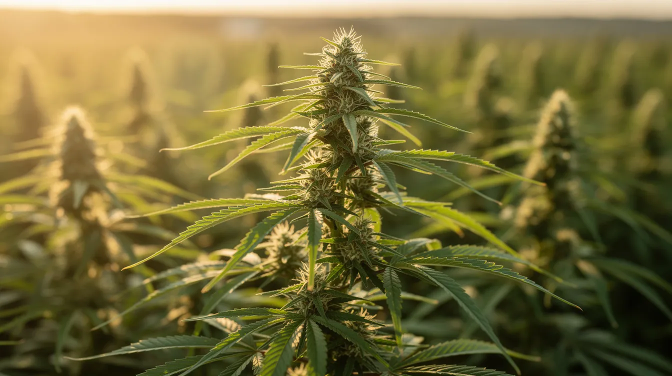 A close-up photo captures mature hemp plants thriving in a sunlit field, showcasing their lush green leaves and sturdy stalks. These cannabis plants are part of the industrial hemp production regulated under Michigan's hemp laws, highlighting the state's commitment to research and proper licensing in the cultivation of hemp-derived compounds.