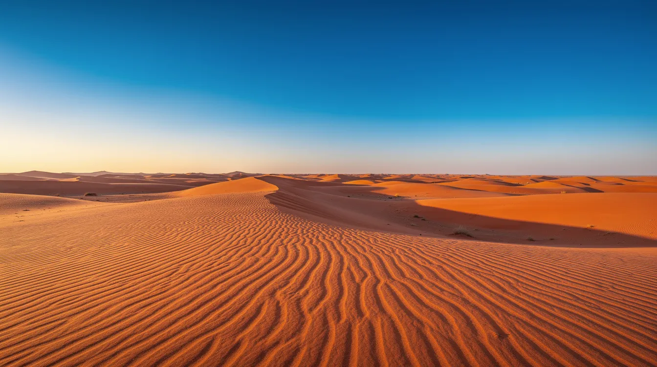 A breathtaking view of vast orange sand dunes stretches endlessly under a clear blue sky, capturing the essence of the Sahara Desert's incredible landscapes. The scene evokes a sense of adventure and tranquility, inviting exploration of the natural wonders found in this largest hot desert.