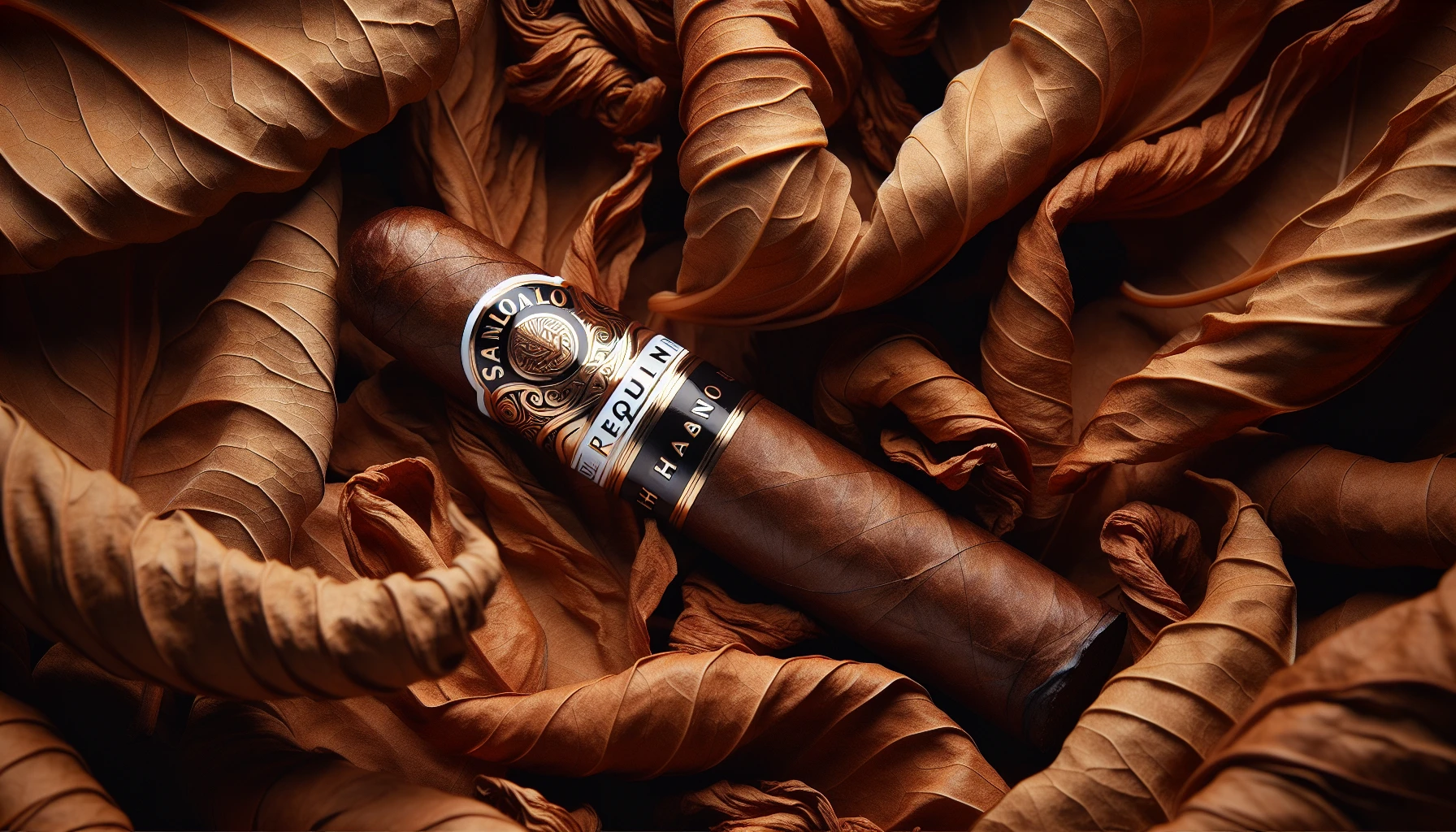 Illustration of tobacco leaves and a cigar, representing the full-bodied flavor of San Lotano Requiem Habano