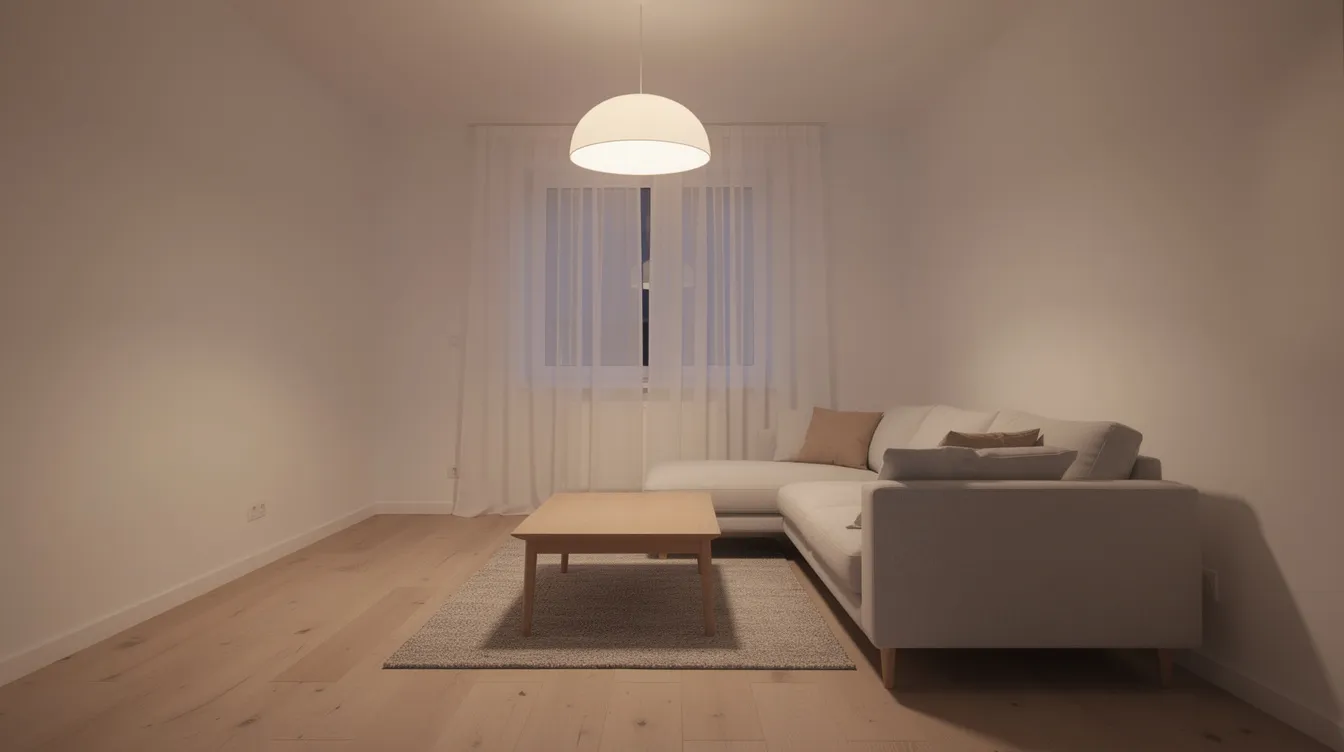 Ett modernt vardagsrum med en enkel vit taklampa som sprider ett mjukt ljus över en stilren soffa och ett soffbord. Lampan ger rummet en behaglig atmosfär och passar bra för både funktion och design.