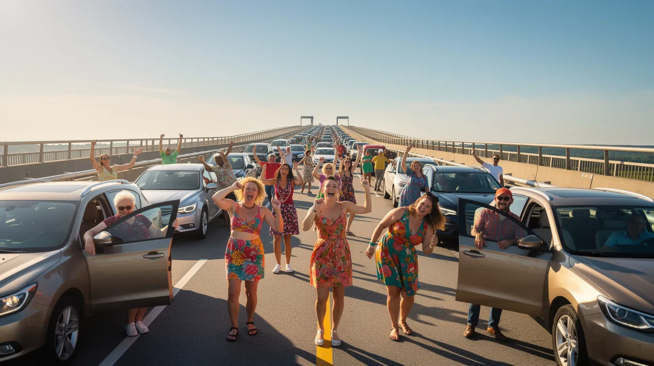 Eine lebendige Szene auf einer sonnendurchfluteten Autobahnbrücke zeigt viele Menschen, die zwischen stehenden Autos tanzen und singen, während der strahlend blaue Himmel über ihnen leuchtet. Diese fröhliche Atmosphäre erinnert an den Musikfilm "La La Land", in dem Liebe und Glück im Mittelpunkt stehen.