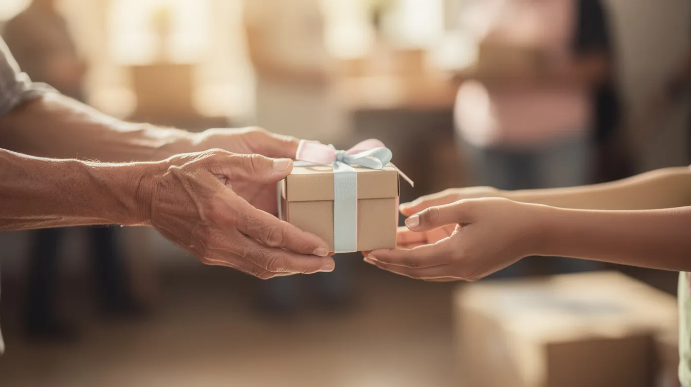 The image depicts two hands exchanging a beautifully wrapped gift, symbolizing the spirit of charitable giving. This gesture reflects the importance of sharing, much like the required minimum distribution (RMD) rules that govern retirement accounts, ensuring that individuals give back while managing their retirement savings effectively.