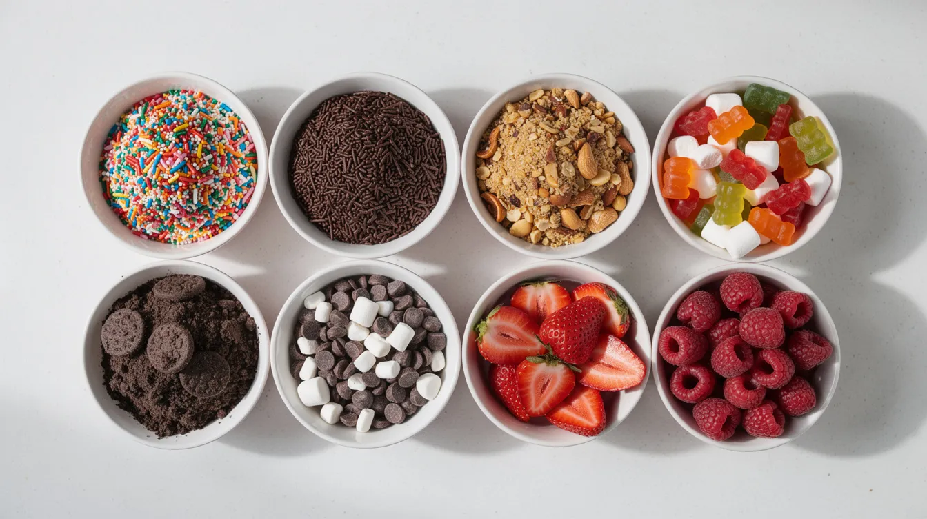 An overhead view showcases a vibrant ice cream sundae bar with a dozen small bowls arranged in a grid, each filled with colorful toppings such as sprinkles, chopped nuts, gummy bears, cookie crumbles, and fresh strawberries, inviting guests to create their own ultimate ice cream sundae. The array of toppings promises a fun and delicious experience for any ice cream party.