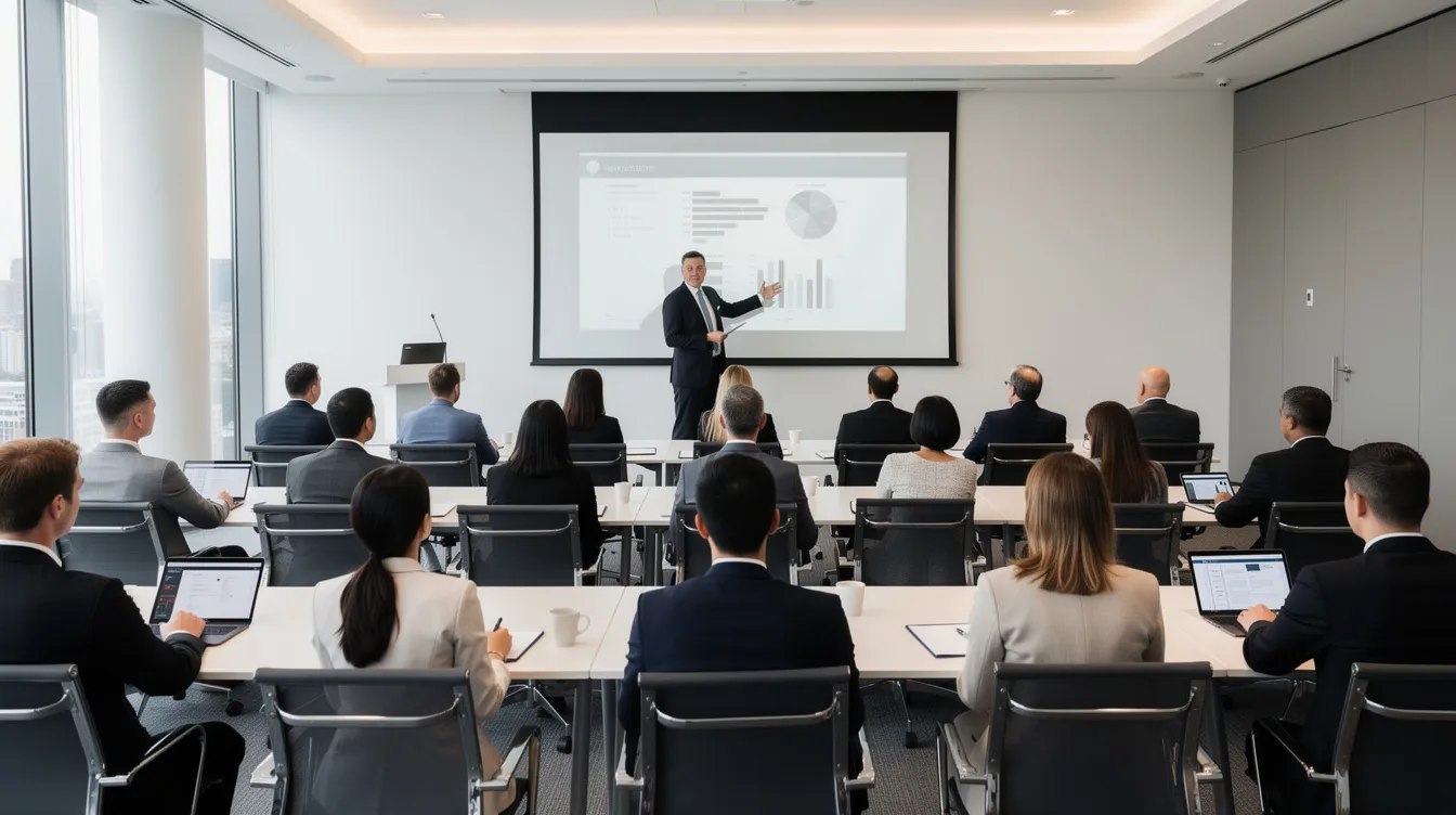 Des participants attentifs assistent à une présentation professionnelle dans une salle de conférence, où des stratégies marketing pour générer des leads qualifiés sont discutées. L'ambiance est sérieuse et propice à l'échange d'idées sur la génération de prospects et l'optimisation des campagnes marketing.