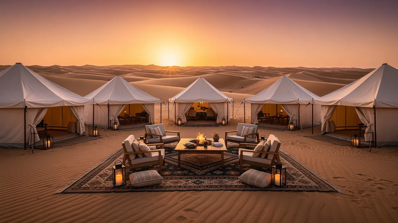 Imagem de um acampamento de luxo no deserto ao entardecer, com tendas elegantes e confortáveis em primeiro plano, enquanto ao fundo se destacam as dunas douradas sob um céu alaranjado. Este destino exótico evoca a sensação de uma viagem inesquecível pelo mundo, ideal para quem busca uma experiência única.