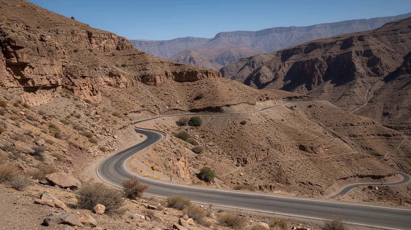 Een kronkelige bergweg slingert door het droge, rotsachtige landschap van het Atlasgebergte, omringd door indrukwekkende bergen en een helderblauwe lucht. Deze schilderachtige route is perfect voor reizigers die een auto huren in Marokko en de culturele hoogtepunten van het land willen verkennen.