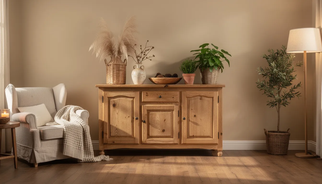 Een sfeervolle landelijke buffetkast staat in een warme woonkamer met een houten vloer, omringd door natuurlijke decoratie. De kast heeft een charmante uitstraling met open planken en biedt ideale opbergruimte voor servies en decoratieve items, waardoor het een perfecte aanvulling is op jouw landelijke interieur.