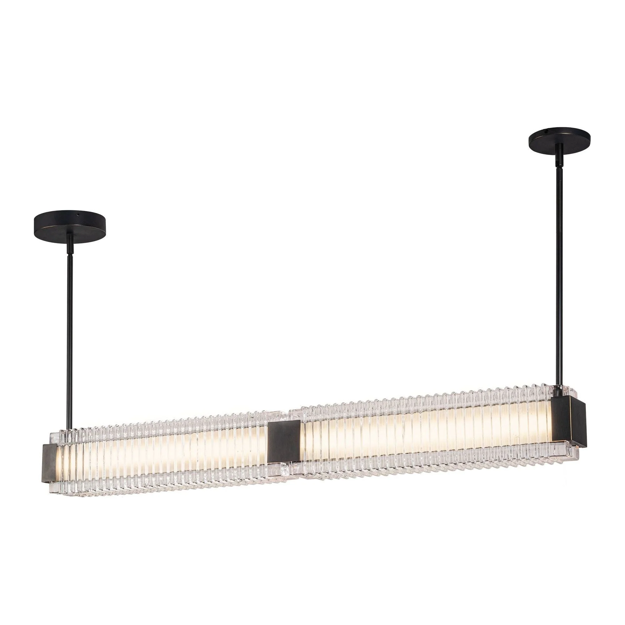 Alai 47" LED Linear Pendant with ribbed glass and modern finishes, showcasing 2025 lighting trends and textured pendant lights for dining rooms.