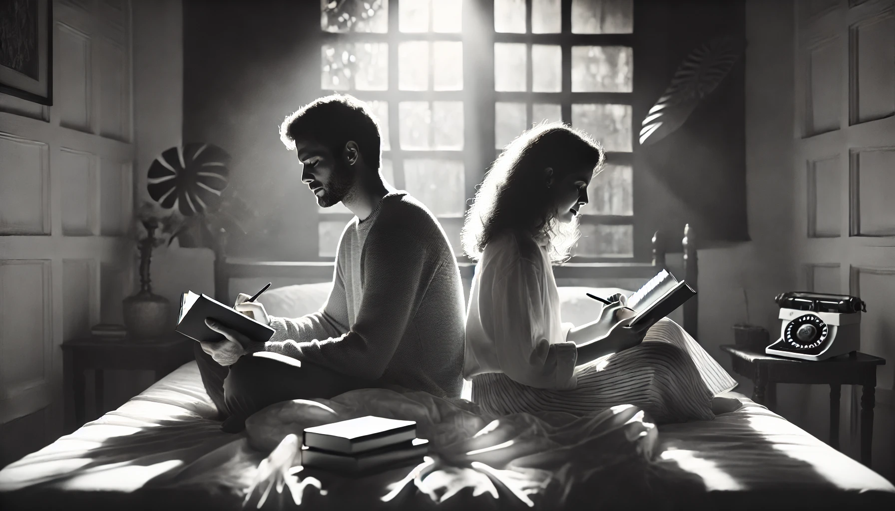 A couple sitting back-to-back on a bed, each holding a notebook while writing.