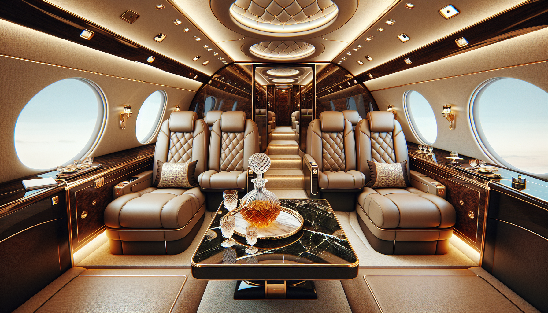 Luxurious private jet interior with comfortable seating and elegant design