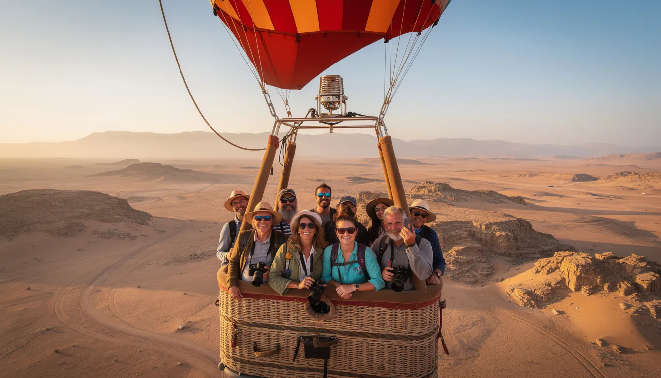 A group of travelers stands in a wicker basket during a hot air balloon flight, surrounded by breathtaking views of the desert landscape and the High Atlas Mountains below. The morning sun casts a warm glow, creating an unforgettable experience as they enjoy the thrill of ballooning in Marrakech, Morocco.