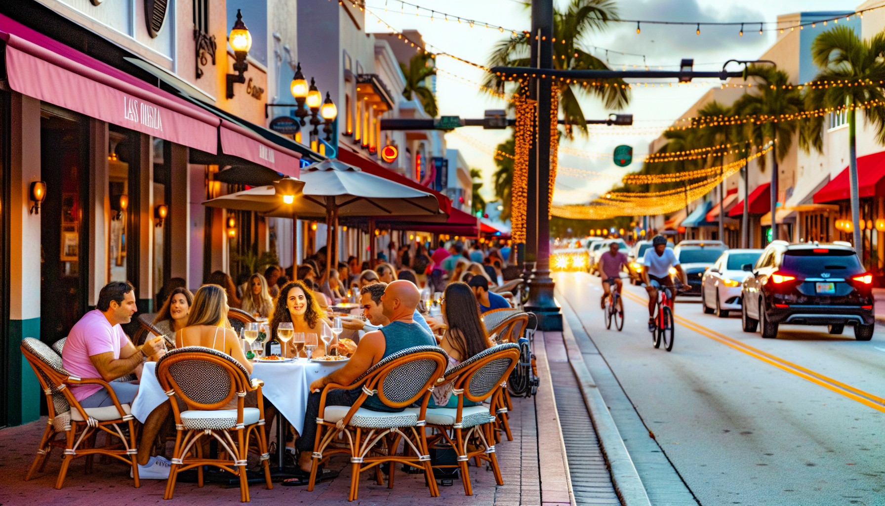 A bustling street with outdoor seating at an Italian restaurant