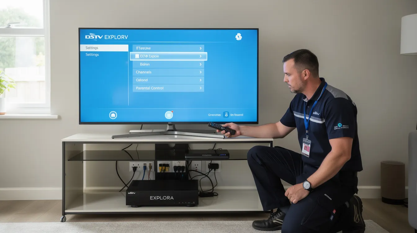 A technician is setting up a DSTV Explora decoder, adjusting the television features while ensuring proper installation services. The scene highlights the expertise of accredited DSTV installers as they work to resolve any signal issues and optimize the viewing experience.
