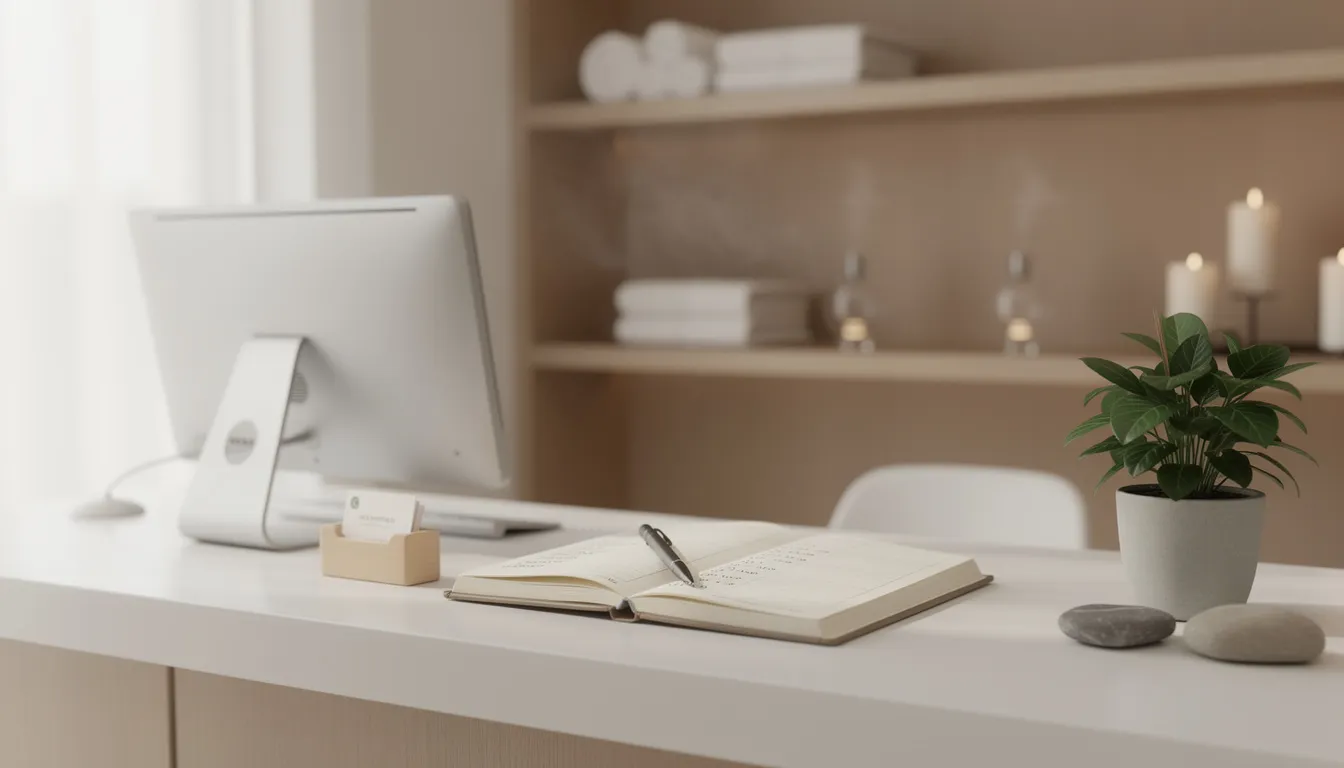 Imagen de un escritorio de recepción sereno en un centro de bienestar, donde se puede ver un libro de citas organizado. Este espacio refleja la facilidad de uso y la atención al cliente, ideal para la gestión eficiente de reservas y citas en tiempo real.