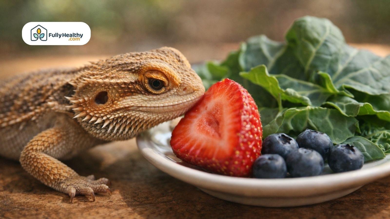 Bearded dragon sniffing strawberry with blueberries and leafy greens nearby
