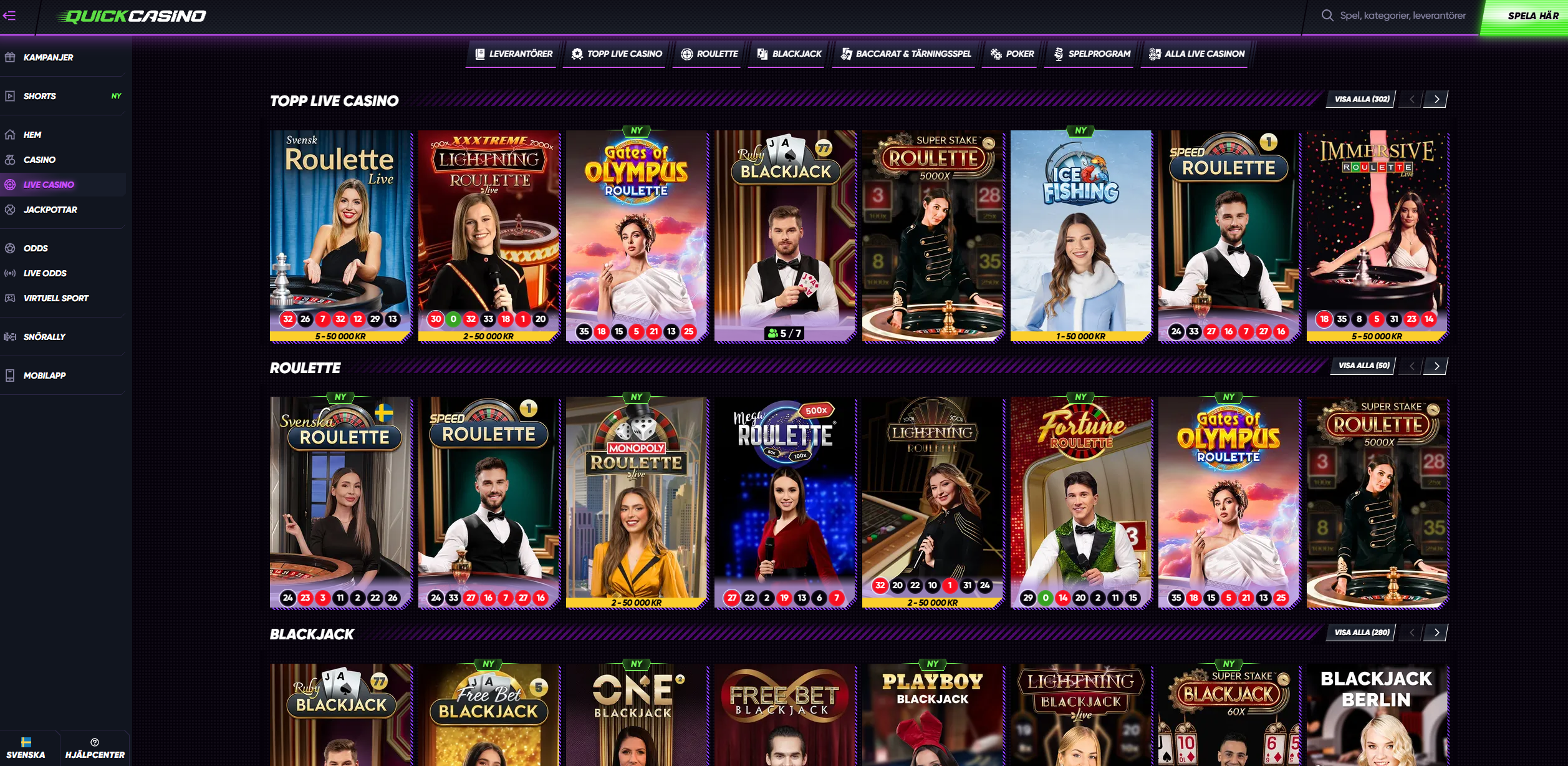 Quick Casinos live casino med live roulette, blackjack och andra dealer-spel.