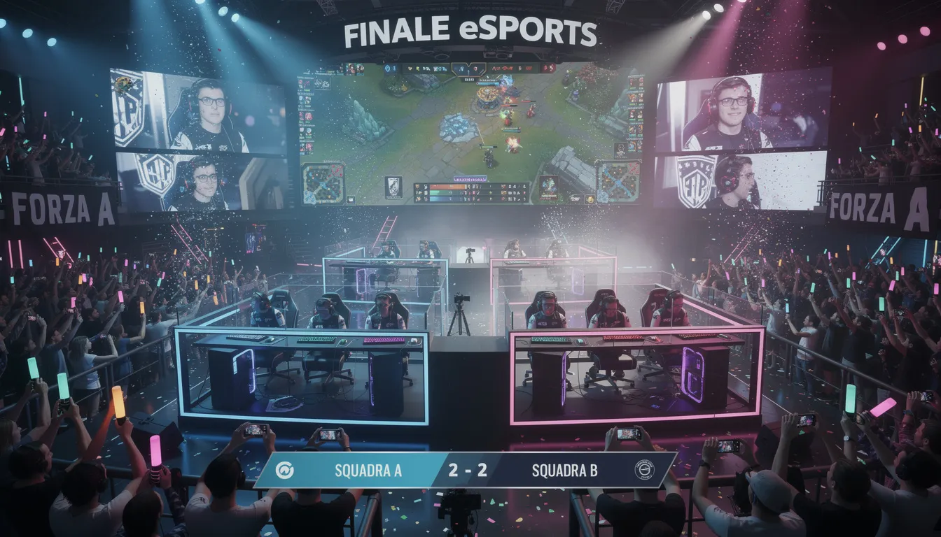 L'immagine mostra un'arena eSports affollata, con un pubblico entusiasta che assiste a una partita competitiva di titoli come Dota 2 e League of Legends. Schermi giganti proiettano l'azione in diretta, mentre l'atmosfera è animata da appassionati di videogiochi e scommesse sugli esports.