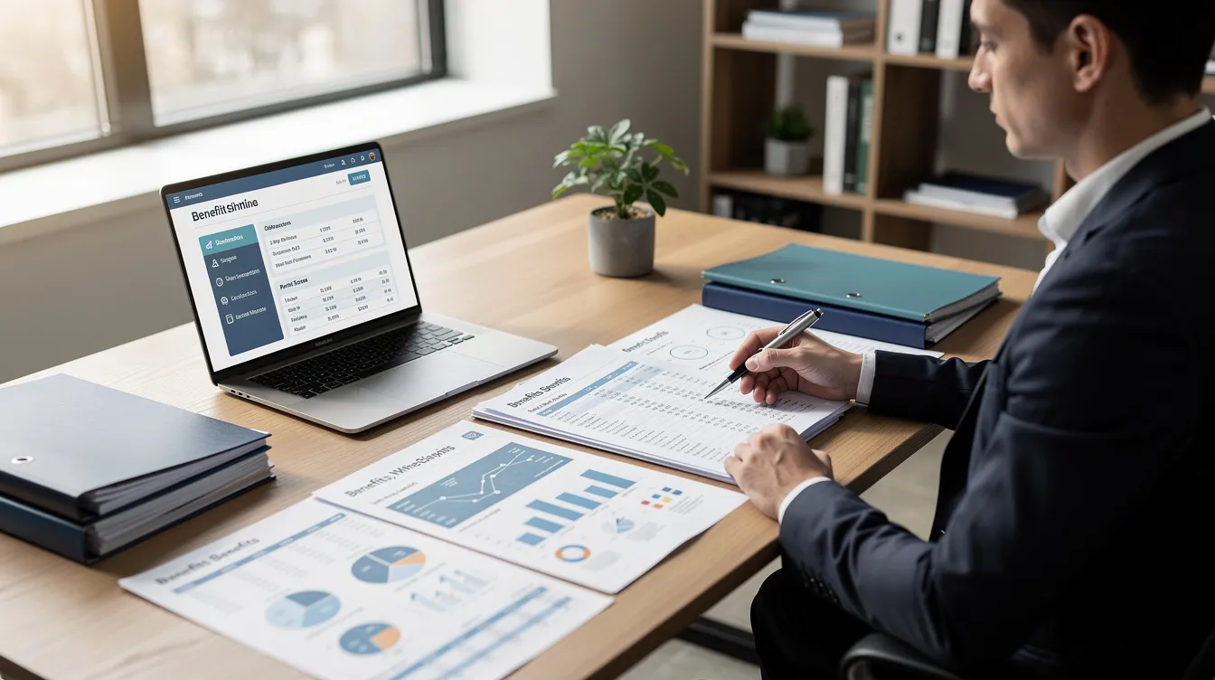A professional is seated at a desk, meticulously reviewing financial benefit documents, which likely include details on taxable income, capital gains tax, and tax strategies for high income earners. The workspace is organized, reflecting a focus on optimizing tax savings and understanding the implications of various deductions and credits.