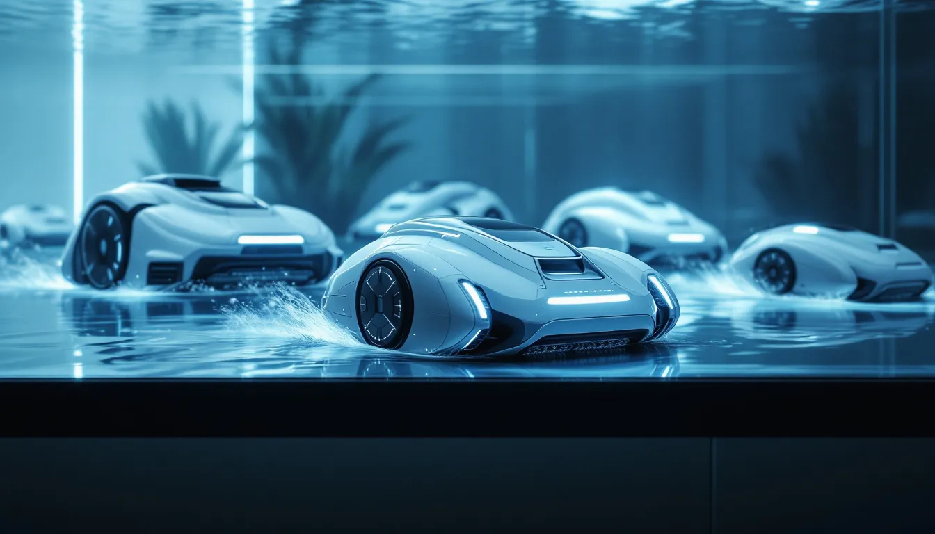 Various robotic pool cleaners displayed for comparison.