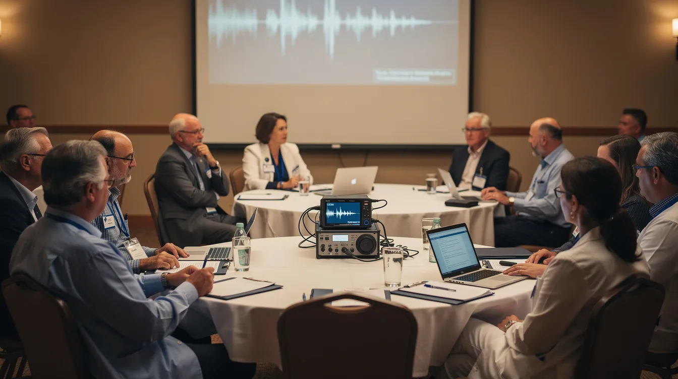 A group of experienced clinicians is attentively gathered in a warm conference room, engaged in listening to an interview recording that likely discusses schema therapy concepts, including coping styles and emotional needs related to personality disorders. The atmosphere reflects a commitment to understanding complex trauma and fostering therapeutic relationships through schema-focused therapy.