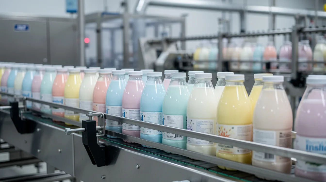 The image shows rows of colorful dairy beverage bottles moving along a factory conveyor belt, highlighting the efficiency of the dairy production process. This scene reflects the importance of quality control and packaging in the profitable dairy business, showcasing the vibrant variety of dairy products available to consumers.