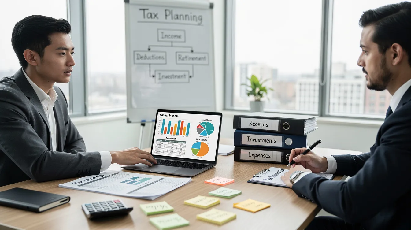 The image depicts a tax advisor reviewing tax planning strategies with a client, highlighting various elements such as tax deductions, tax credits, and the impact of evolving tax laws on taxable income. The scene emphasizes the importance of effective tax planning to achieve tax savings and manage tax liability efficiently.