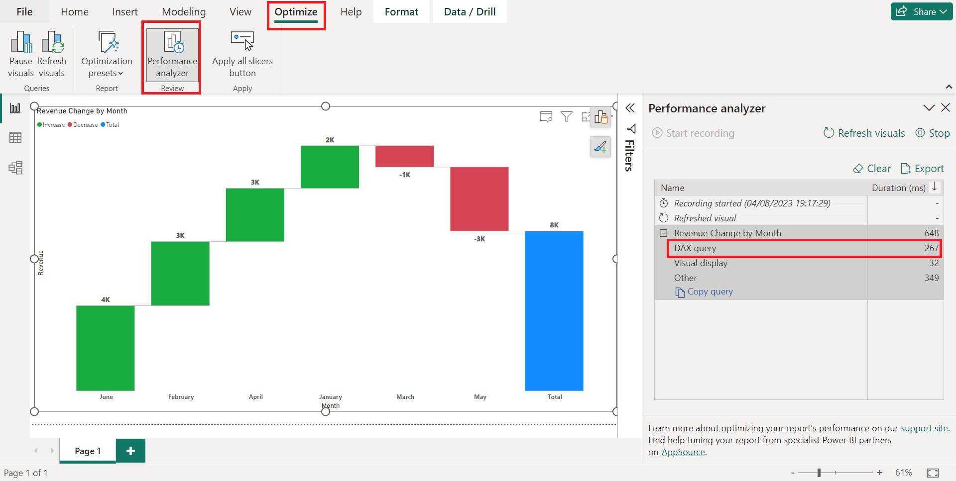 Use the performance analyzer to optimize performance and create custom visual