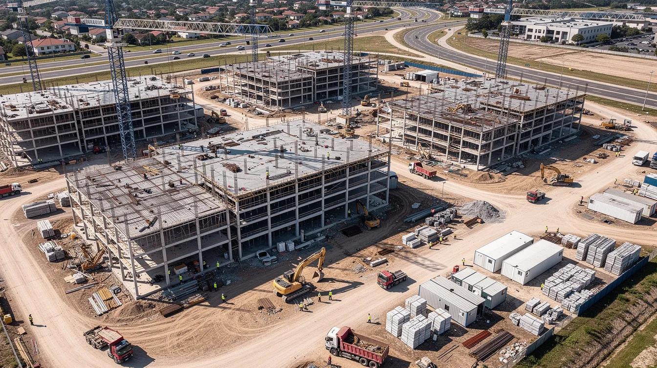 An aerial view of a large commercial construction site showcases multiple buildings under construction, with various pieces of machinery and equipment visible, highlighting the complexities of the construction process and the importance of quality control and safety management. The scene reflects the collaborative efforts of project stakeholders and subcontractors working towards meeting project objectives while addressing potential risks and challenges.