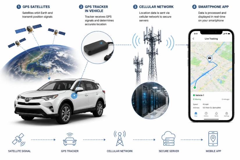 Diagram showing how GPS satellites, cellular networks, and mobile apps work together for real-time tracking.