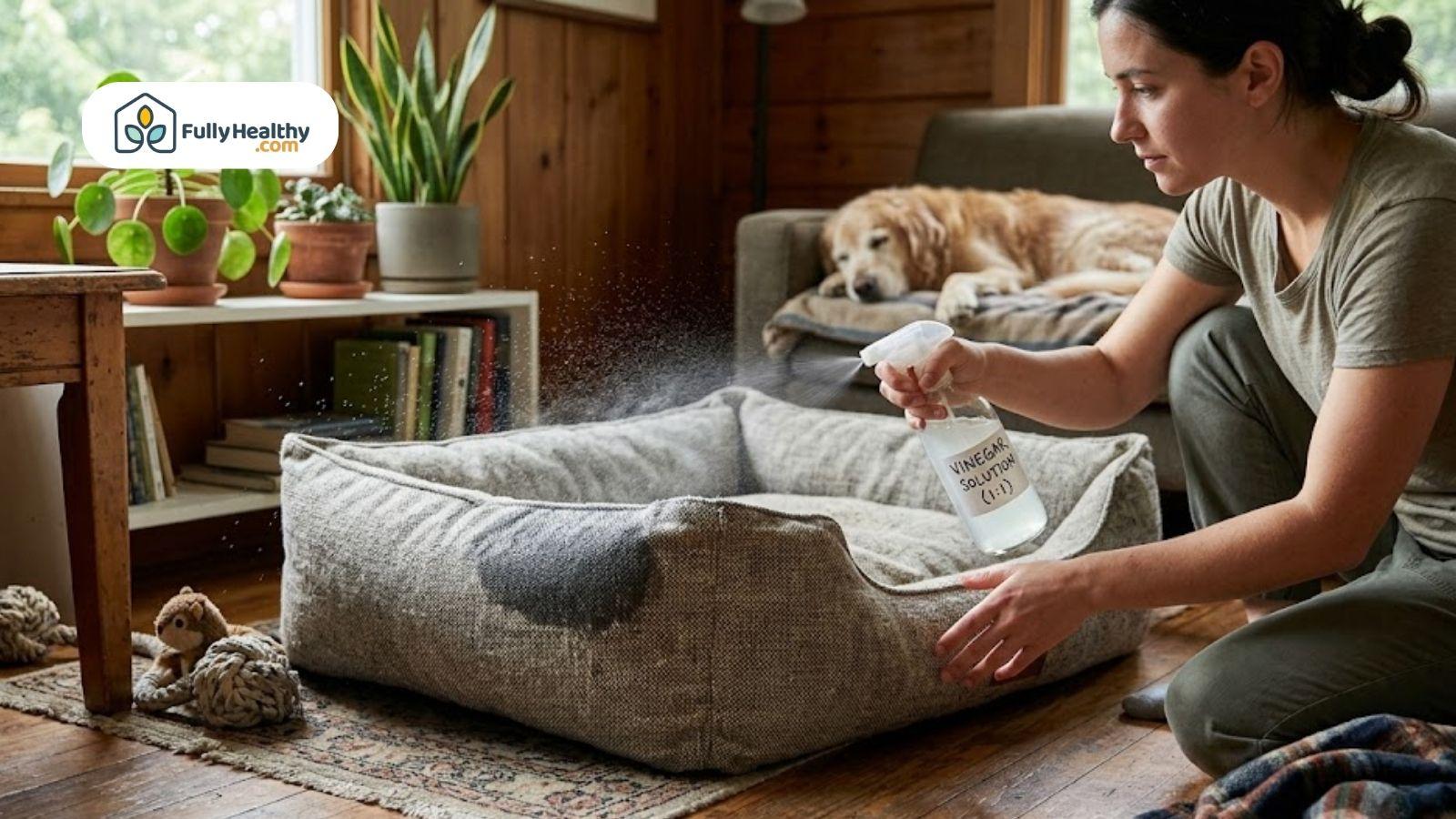 Cleaning pet bedding with vinegar solution to reduce fleas indoors.