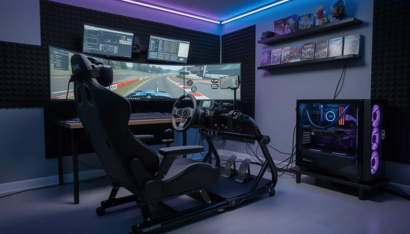 The image depicts a dedicated gaming room featuring a racing wheel setup alongside a VR headset, specifically the HTC Vive, creating an immersive gaming experience. The room is equipped with external base stations for enhanced tracking and a comfortable atmosphere for playing VR content.