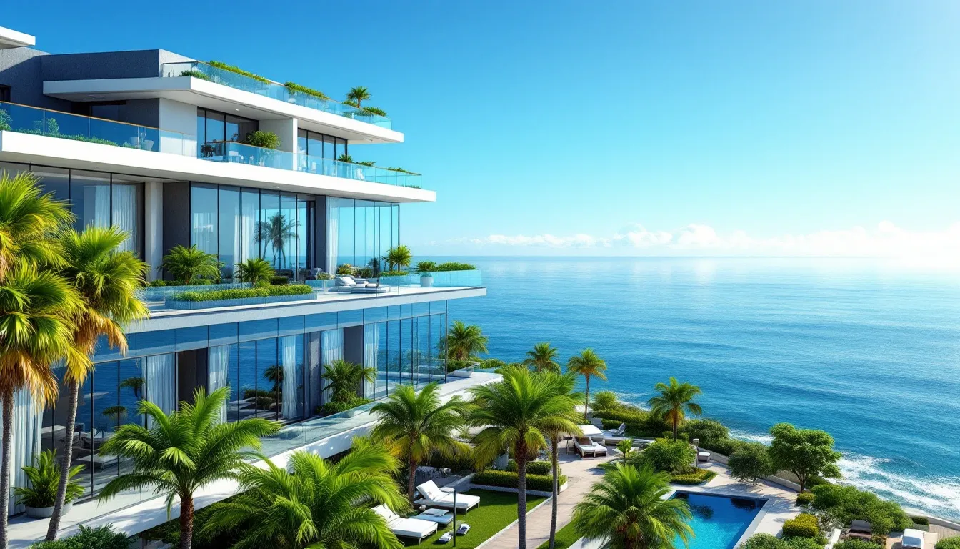 Um moderno complexo imobiliário à beira-mar em Itapema, destacando o desenvolvimento urbano da região, com imóveis de venda e áreas de lazer que atraem o turismo local. O cenário inclui a bela vista do mar e a infraestrutura que conecta o centro à famosa Meia Praia.